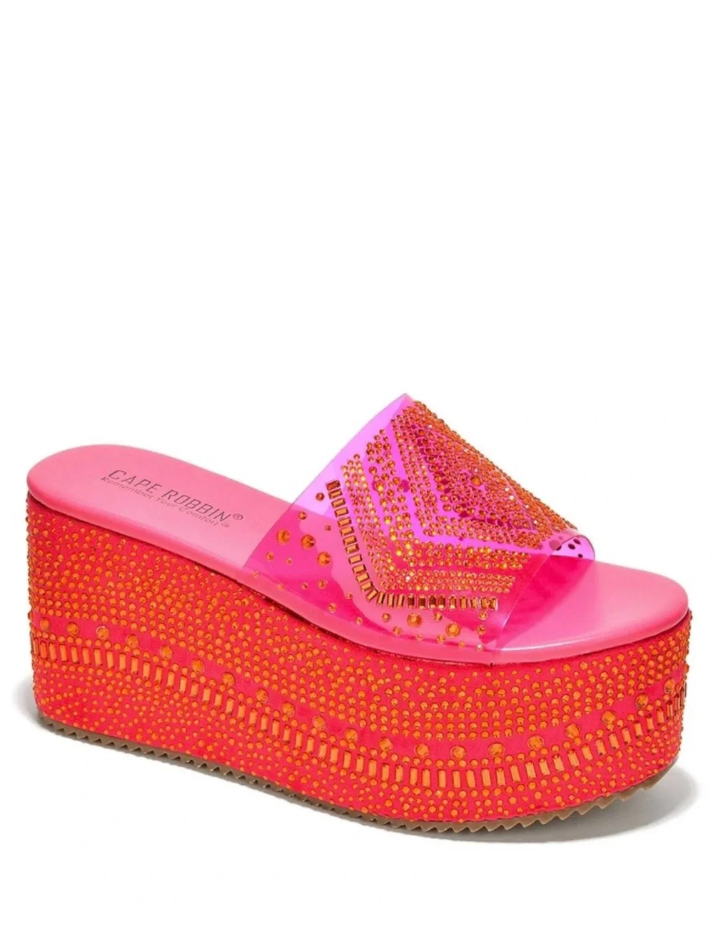Women’s Platform Slide Sandals in Hot Pink with Crystal Embellishment